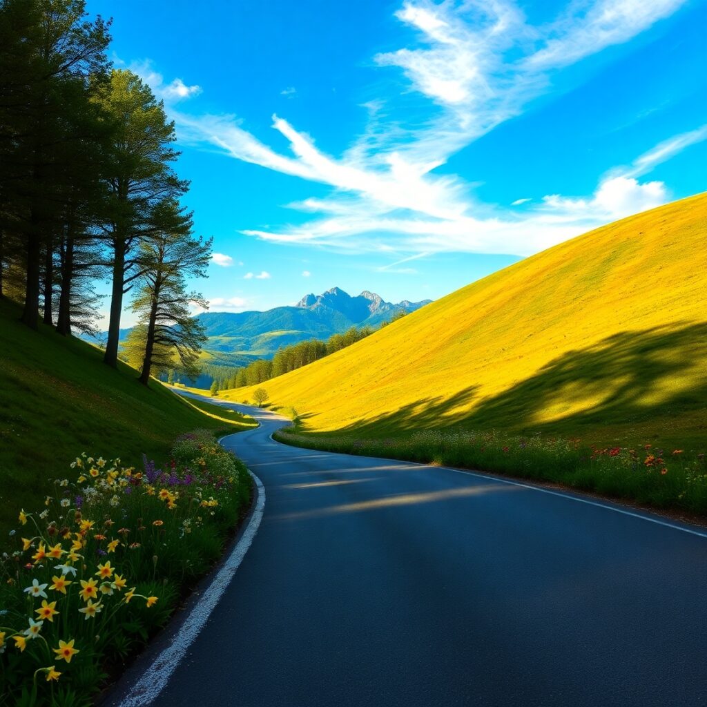 Winding Road Through Lush Green Hills – free AI stock image