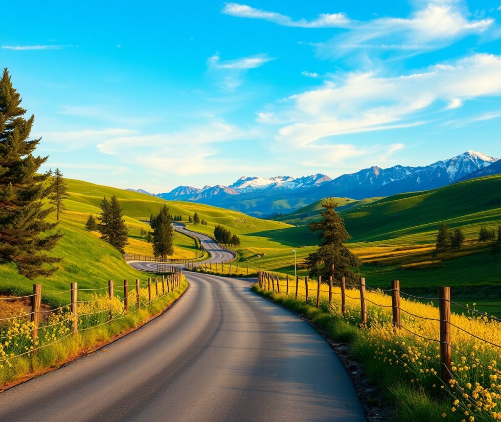 Winding Road Through Lush Green Hills – free AI stock image