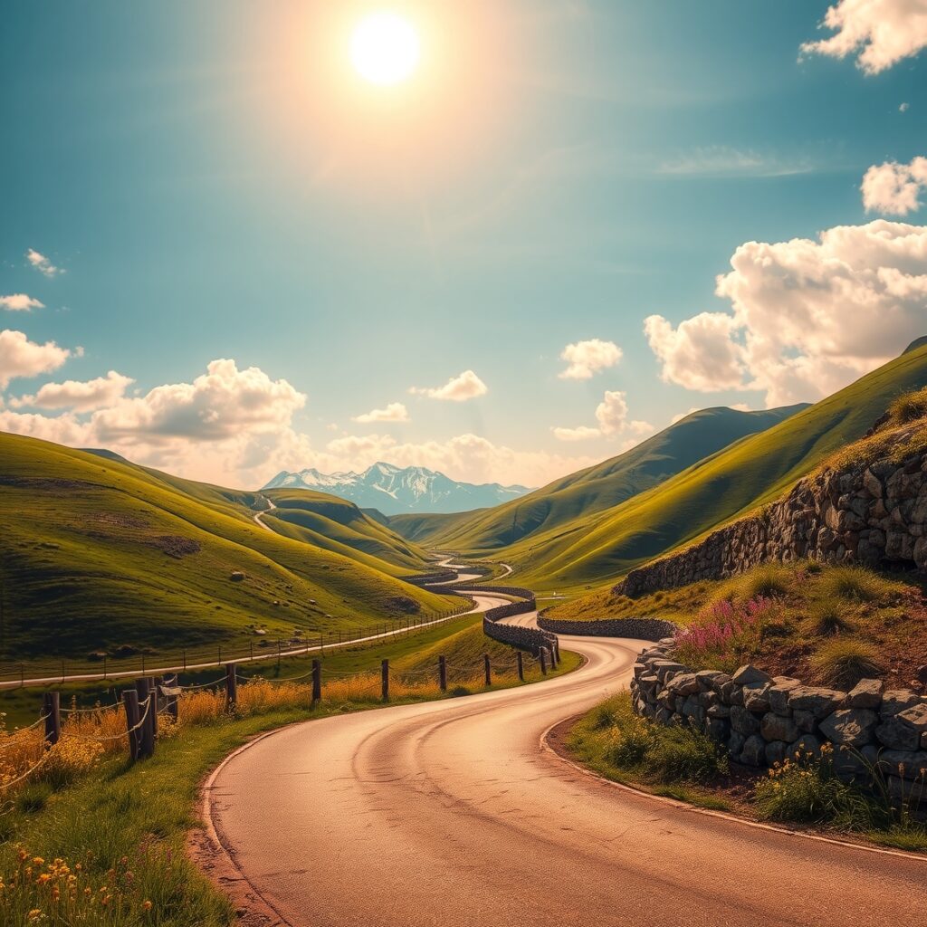 Winding Road Through Lush Green Hills – free AI stock image