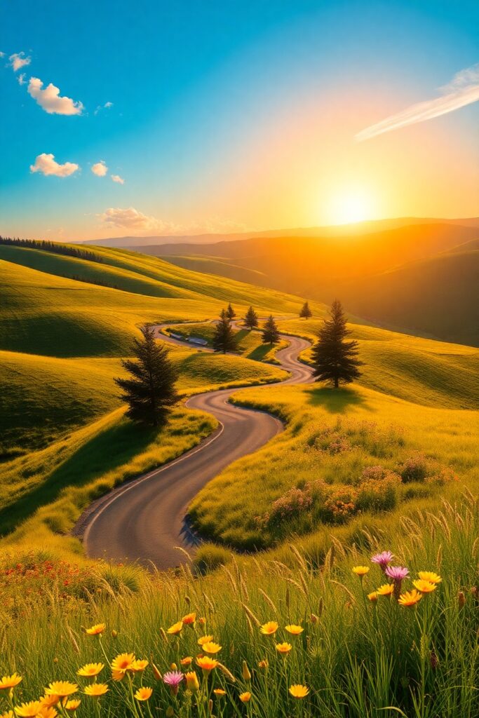 Winding Road Through Lush Green Hills – free AI stock image
