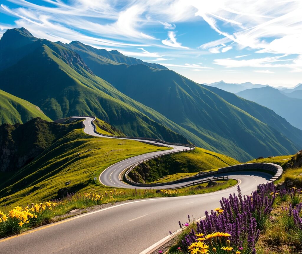 Winding Road Through Lush Green Mountains – free AI stock image