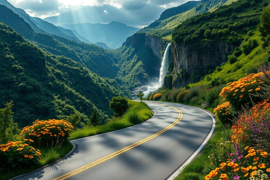 Winding Road Through Lush Green Mountains – free AI stock image