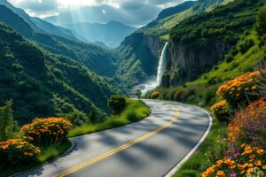 Winding Road Through Lush Green Mountains – free AI stock image