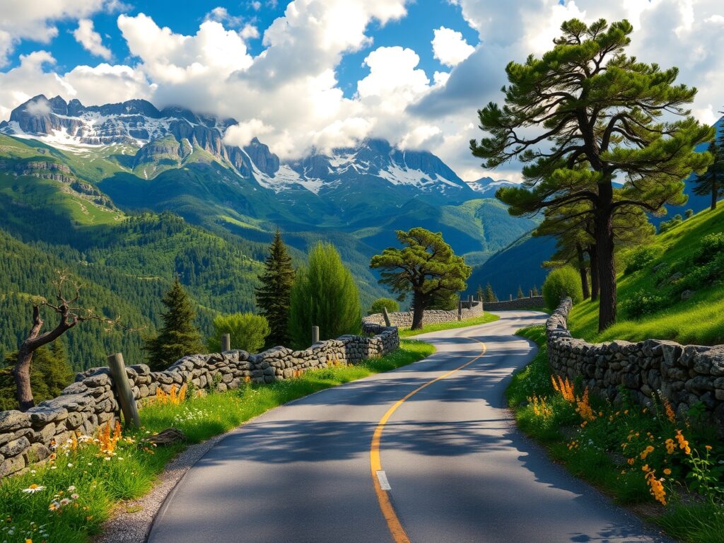 Winding Road Through Lush Green Mountains – free AI stock image