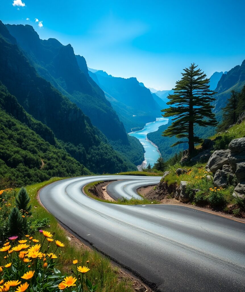 Winding Road Through Lush Green Mountains – free AI stock image