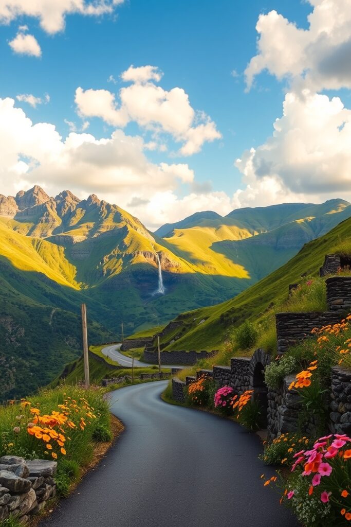 Winding Road Through Lush Green Mountains – free AI stock image