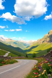 Winding Road Through Lush Green Valleys – free AI stock image