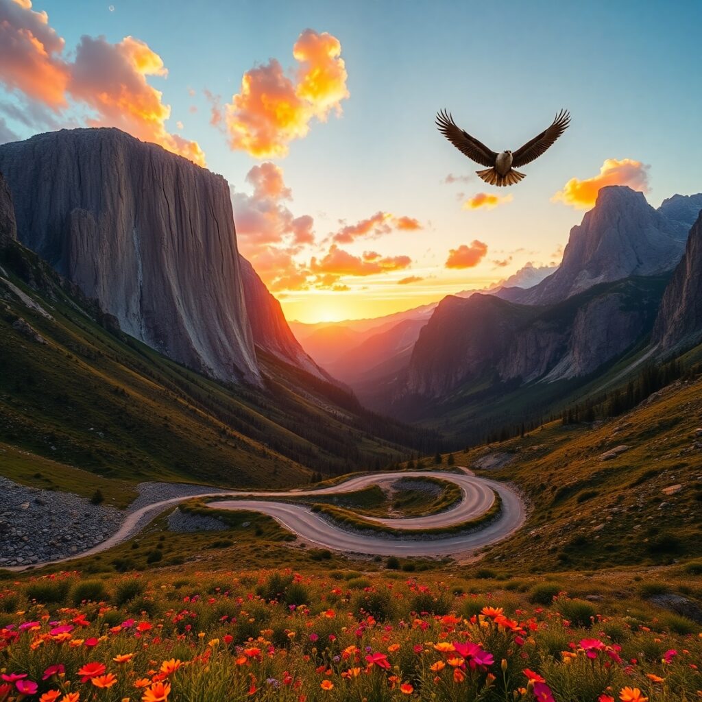 Winding Road Through Majestic Mountain Pass – free AI stock image