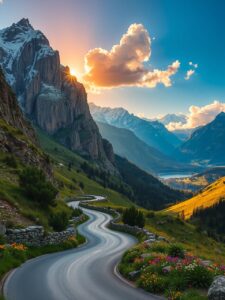 Winding Road Through Majestic Mountain Pass – free AI stock image