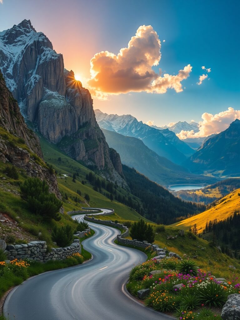 Winding Road Through Majestic Mountain Pass – free AI stock image