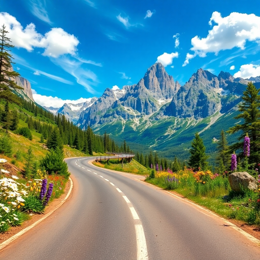 Winding Road Through Majestic Mountain Range – free AI stock image