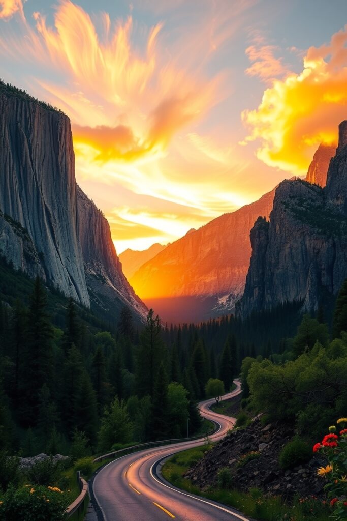 Winding Road Through Majestic Mountains – free AI stock image