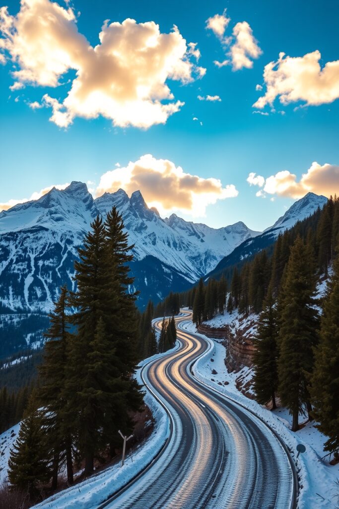Winding Road Through Majestic Mountains – free AI stock image
