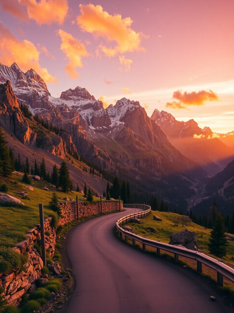 Winding Road Through Majestic Mountains – free AI stock image