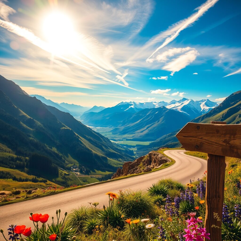 Winding Road Through Majestic Mountains – free AI stock image