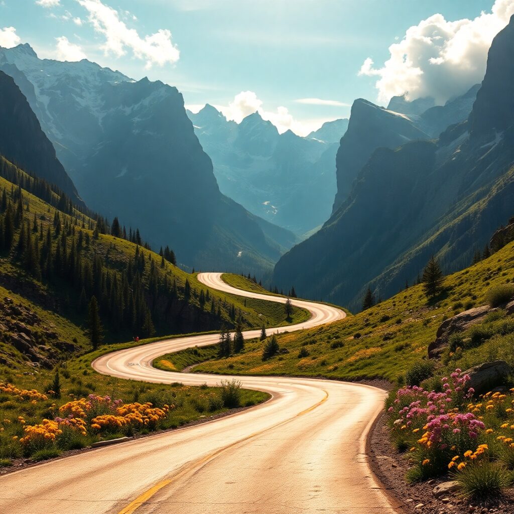 Winding Road through Majestic Mountains – free AI stock image