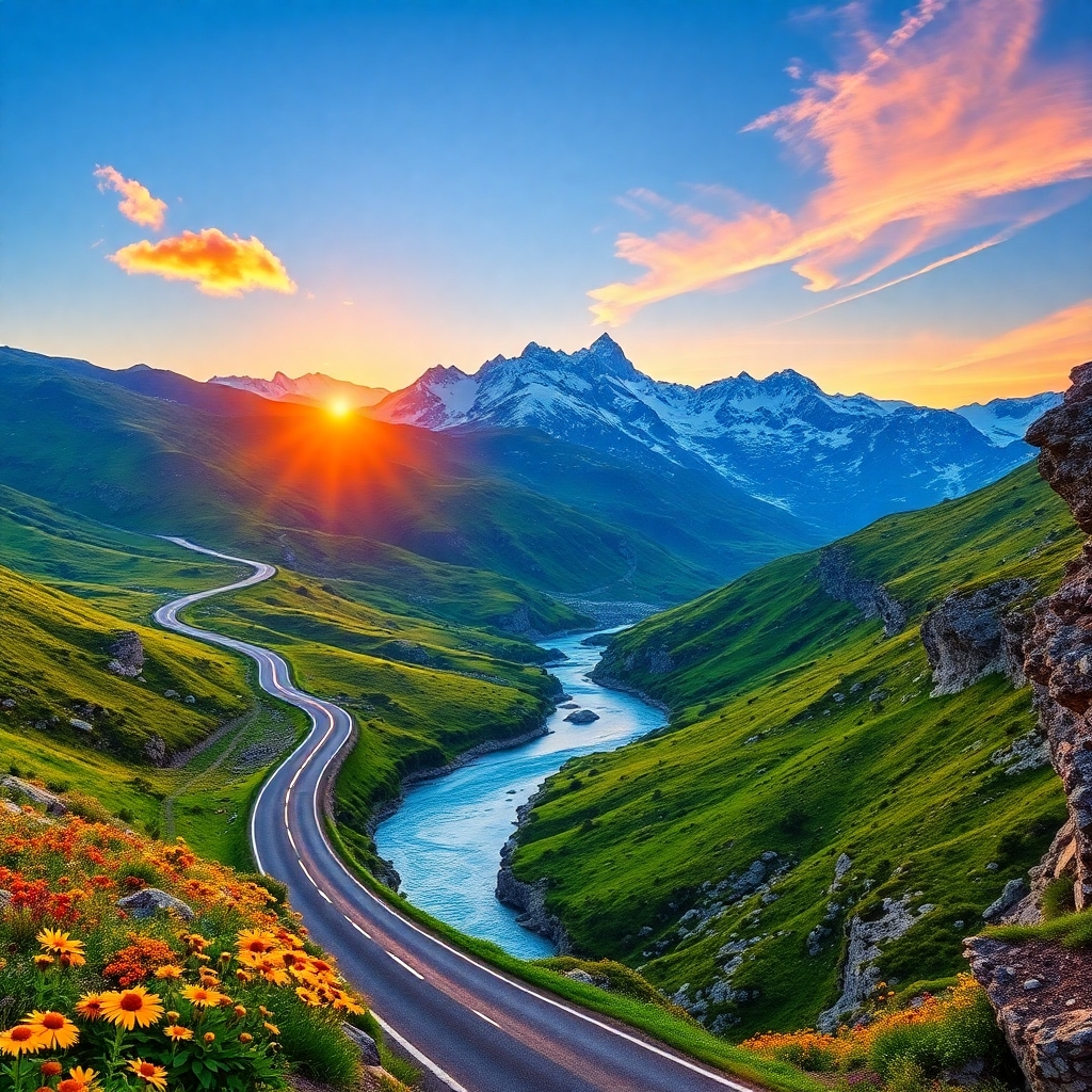 Winding Road Through Majestic Mountains – free AI stock image