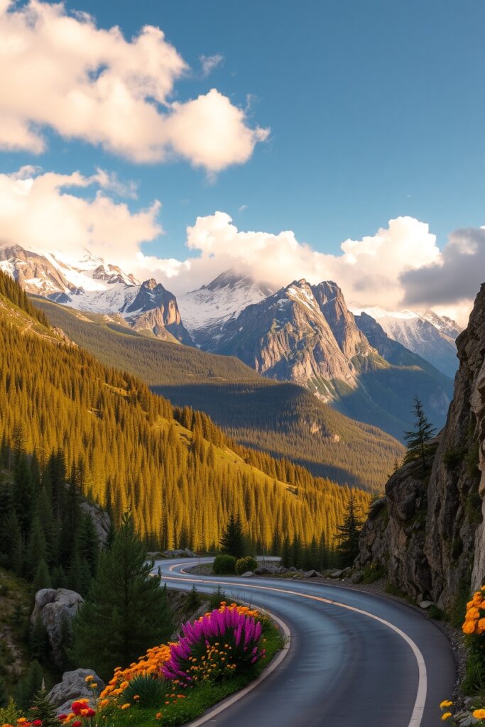 Winding Road Through Majestic Mountains – free AI stock image