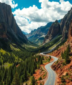 Winding Road Through Majestic Mountains – free AI stock image