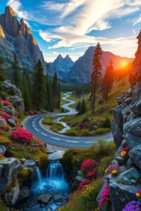 Winding Road Through Majestic Mountains – free AI stock image