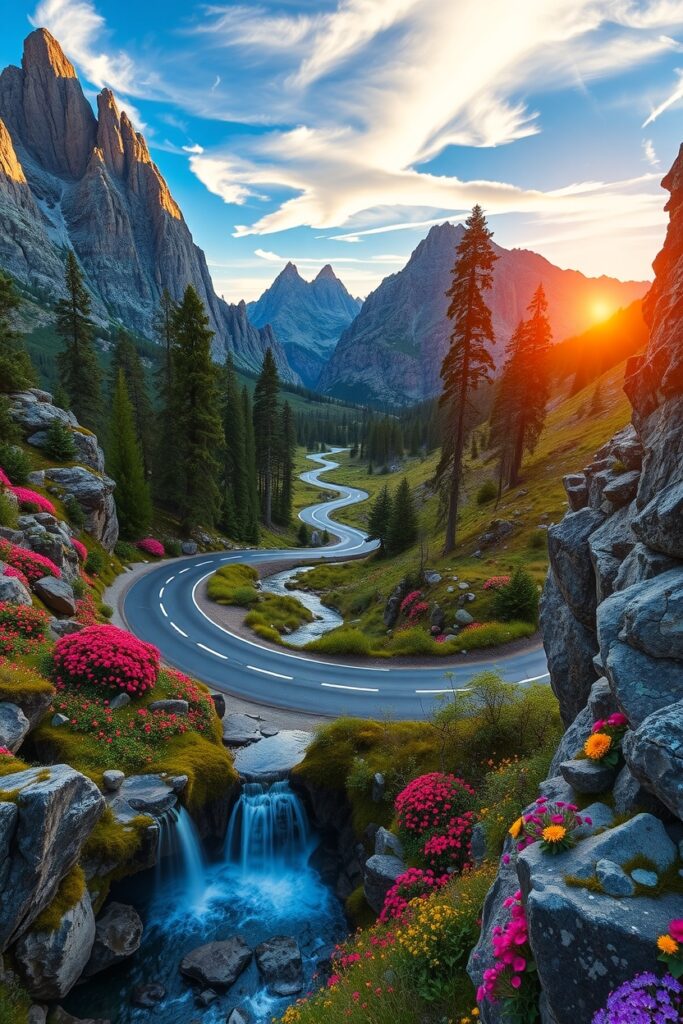 Winding Road Through Majestic Mountains – free AI stock image