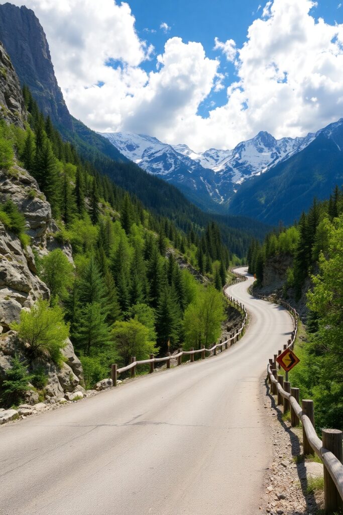 Winding Road Through Majestic Mountains – free AI stock image