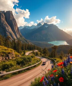 Winding Road Through Majestic Mountains – free AI stock image