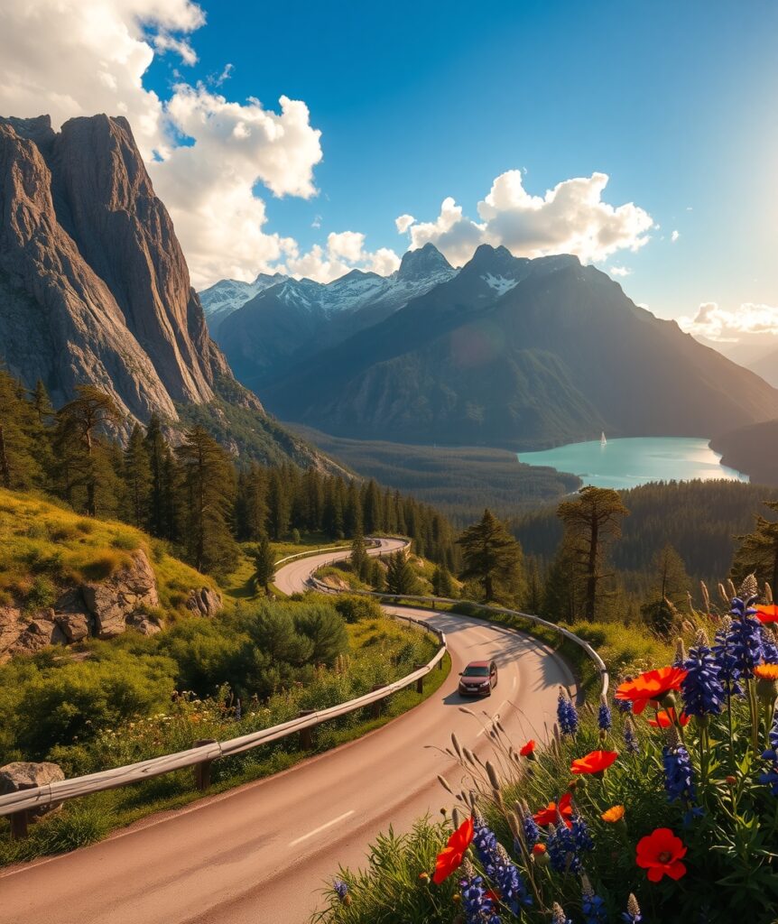 Winding Road Through Majestic Mountains – free AI stock image