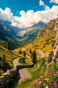 Winding Road Through Majestic Mountains – free AI stock image
