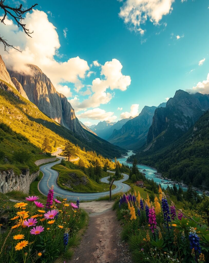 Winding Road Through Majestic Mountains – free AI stock image