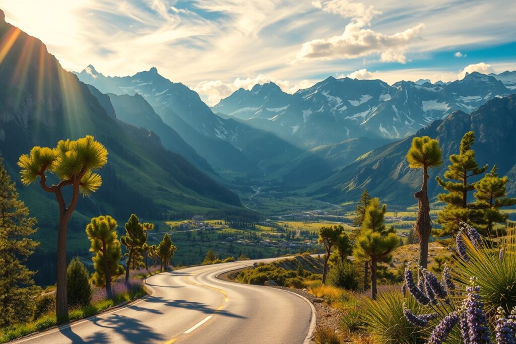 Winding Road Through Majestic Mountains – free AI stock image