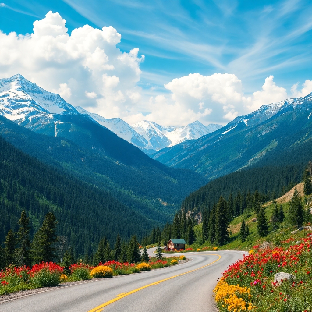 Winding Road Through Majestic Mountains – free AI stock image