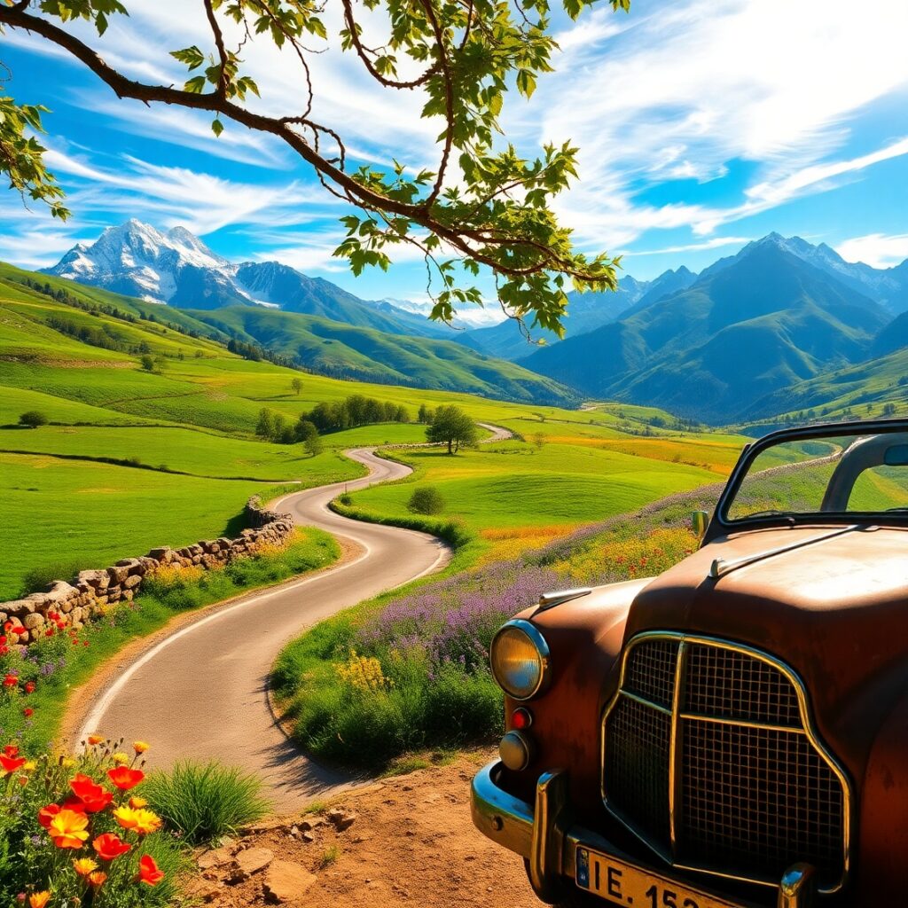 Winding Road Through Serene Countryside – free AI stock image