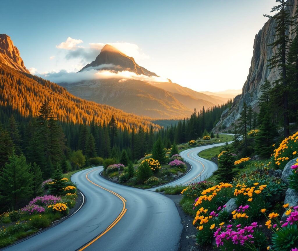 Winding Road Through Serene Mountain Landscape – free AI stock image