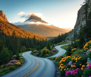 Winding Road Through Serene Mountain Landscape – free AI stock image