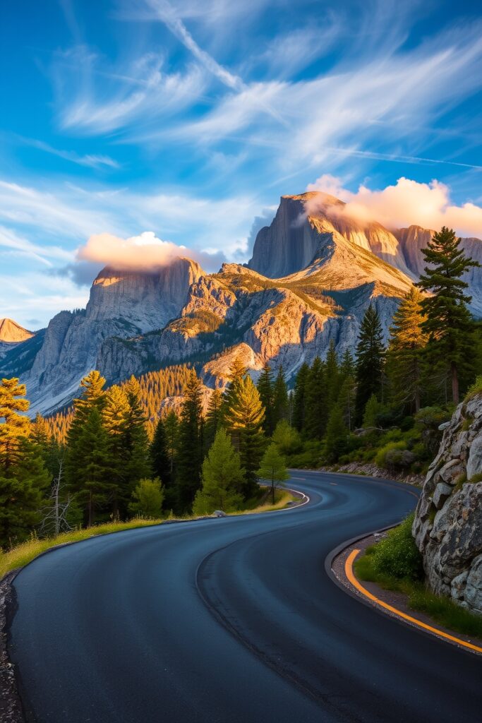 Winding Road Through Serene Mountain Landscape – free AI stock image