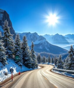 Winding Road Through Snowy Mountains – free AI stock image