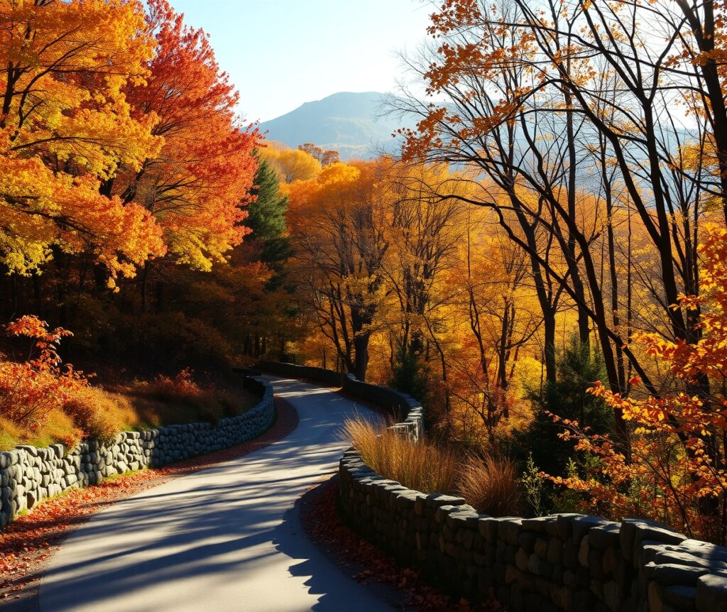 Winding Road Through Vibrant Autumn Forest – free AI stock image