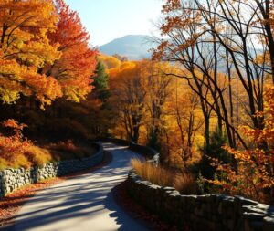 Winding Road Through Vibrant Autumn Forest – free AI stock image