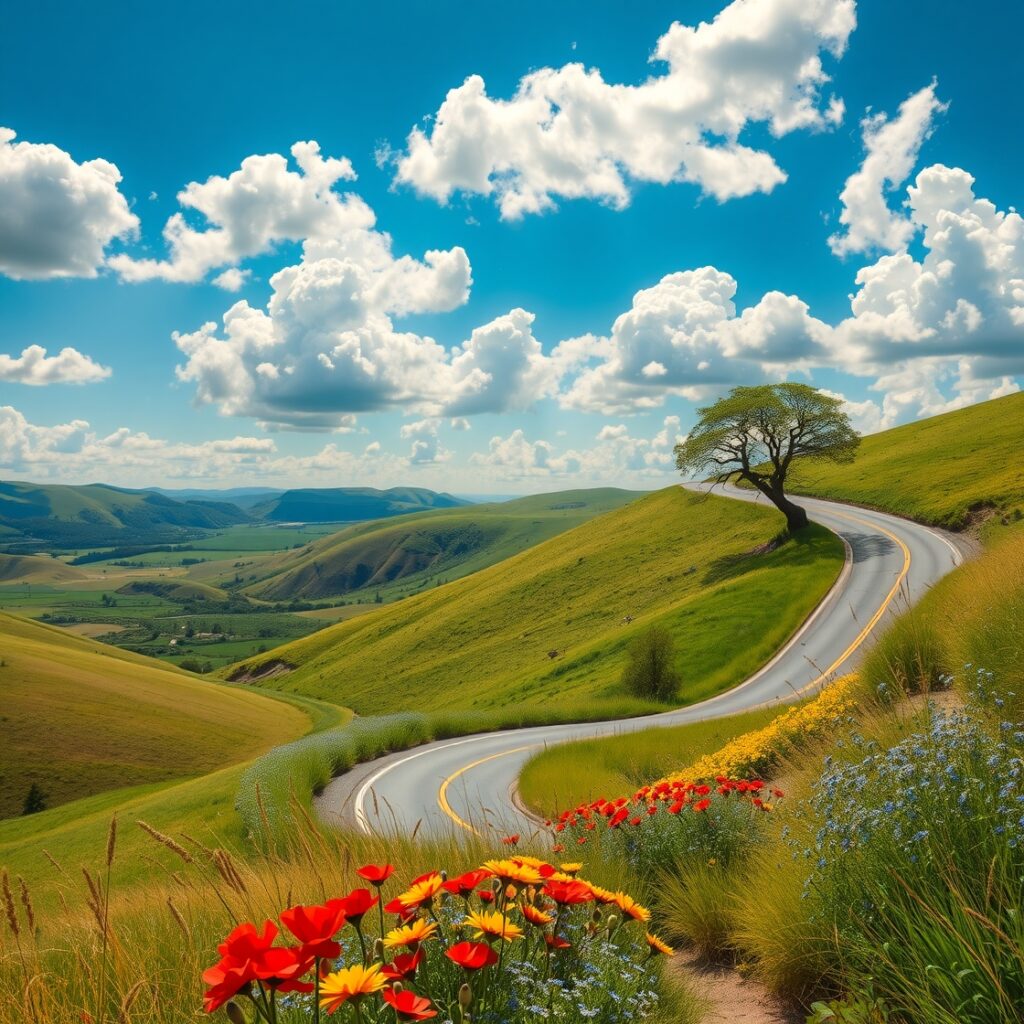 Winding Road Through Vibrant Green Hills – free AI stock image