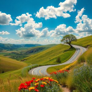 Winding Road Through Vibrant Green Hills – free AI stock image