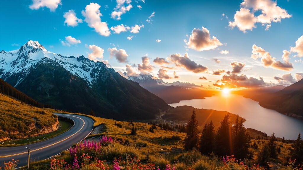 Winding Roads Through Majestic Mountains and Serene Lakes Image – free AI stock image