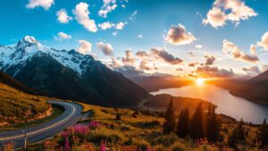 Winding Roads Through Majestic Mountains and Serene Lakes Image – free AI stock image