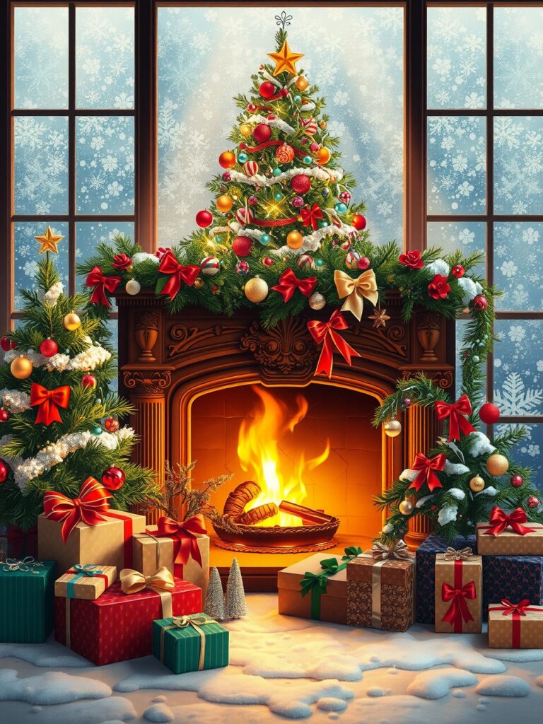Winter Holiday Decor with Festive Lights – free AI stock image