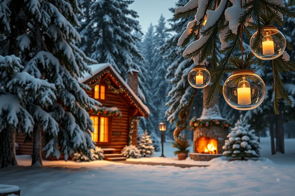 Winter Holiday Scene with Cozy Cabin – free AI stock image