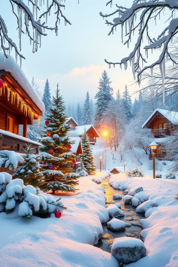 Winter Holiday Wonderland with Snowy Trees – free AI stock image