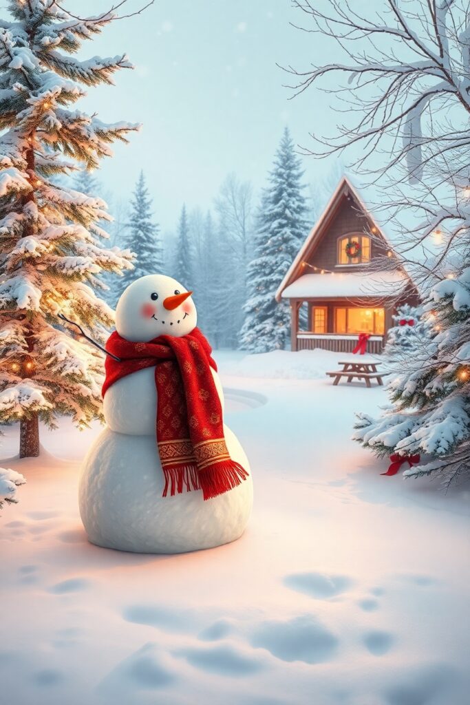 Winter Wonderland Holiday Scene with Snowman – free AI stock image