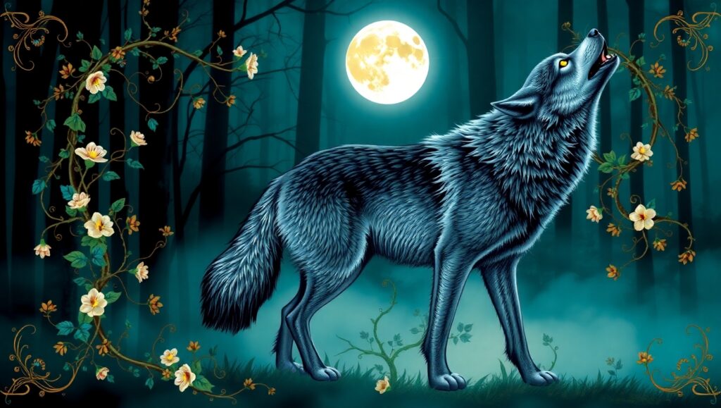 Wolf Howling at Floral Moon – free AI stock image