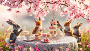 Woodland Creatures Tea Party – free AI stock image