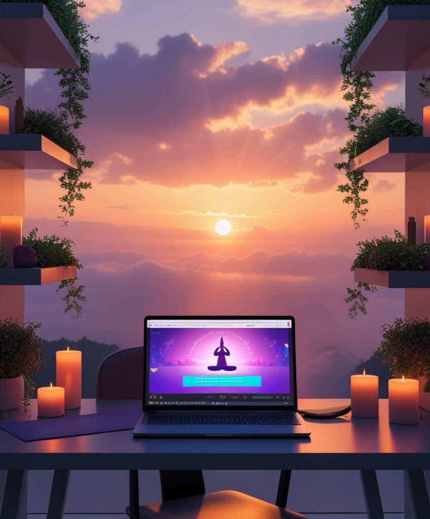 Zen Digital Yoga Studio at Sunset – free AI stock image
